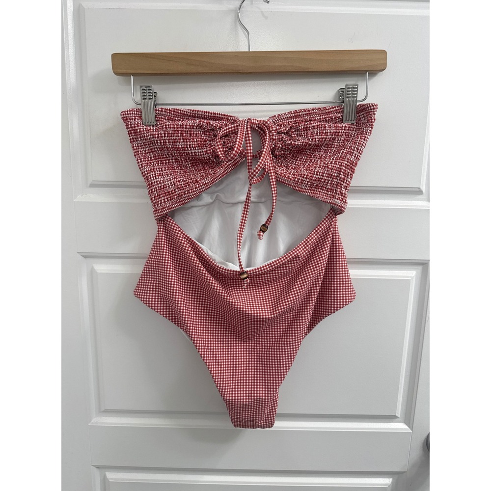 Simons Red White Gingham Smocked Cutout One Piece Strapless Swimsuit  Medium